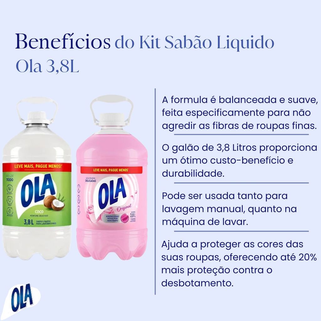 KIT - Sabao Liquido Ola Original Roupas Delicadas e Sabao Liquido Ola Coco Roupas Delicadas 3,8l — imagem 2 de 2