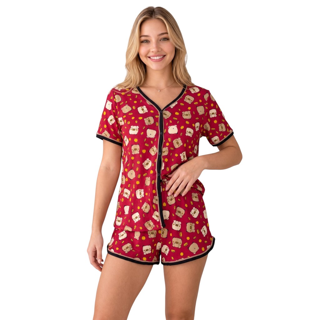 Pijama Feminino Suede Canelado Adulto Conjunto Blusa Botoes e Short Manga Curta Leve Macio Confortos