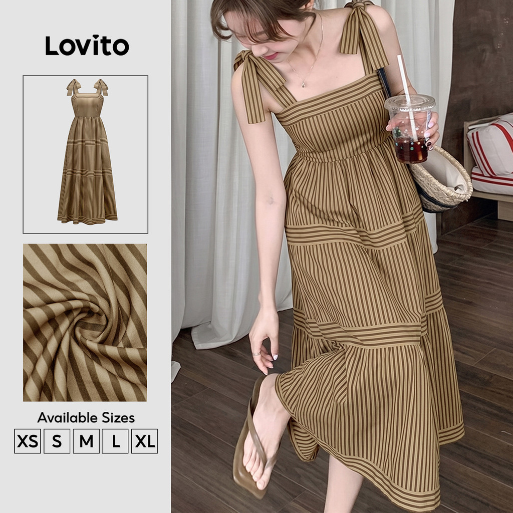 Lovito Casual Geométrico Estrutura de Linha e Amarração Frontal para Cor Khaki LK4ED495