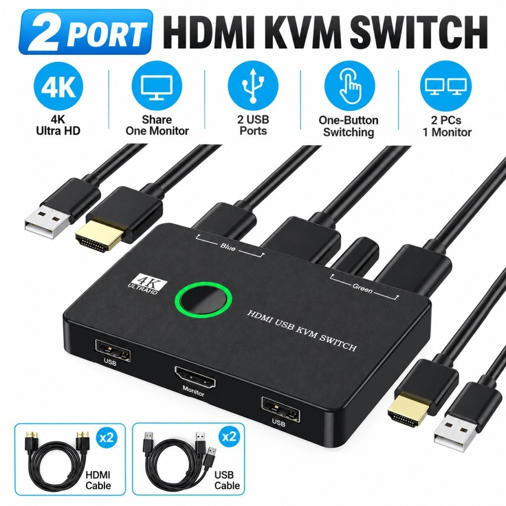 Comutador KVM HDMI de 2 portas, com suporte para 4K e USB, para que 2 computadores possam partilhar 1 monitor, teclado e