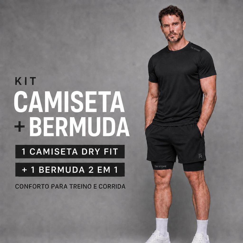 Conjunto Masculino Camiseta Dry Fit e Bermuda 2 em 1 Compressão Treino Corrida Musculação Academia