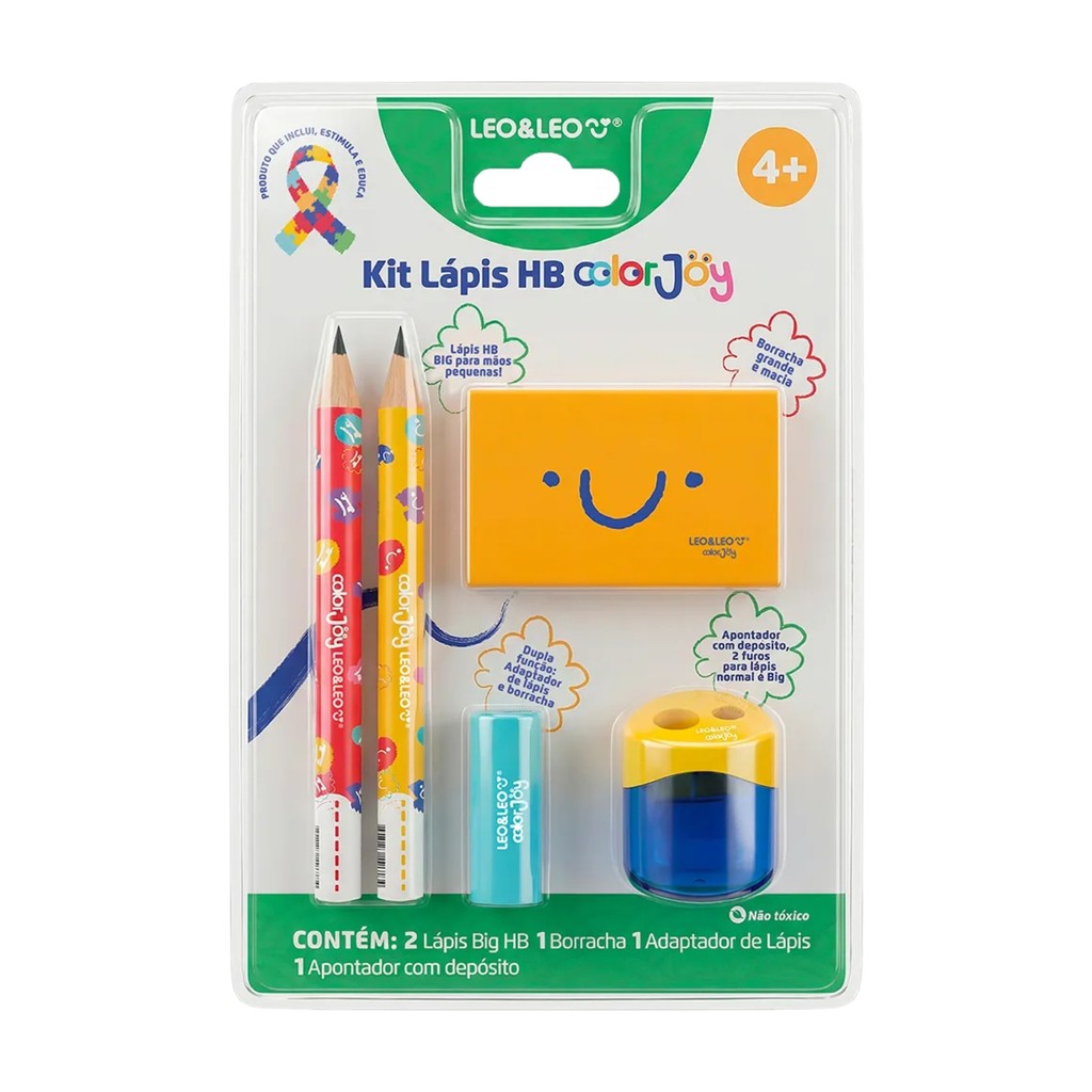 Kit Lápis Big HB Color Joy Leonora com Borracha e Apontador - Ideal para Crianças