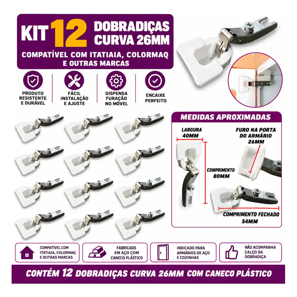 Kit 12 Dobradiça Curva 26mm Itatiaia Colormaq Armário De Aço