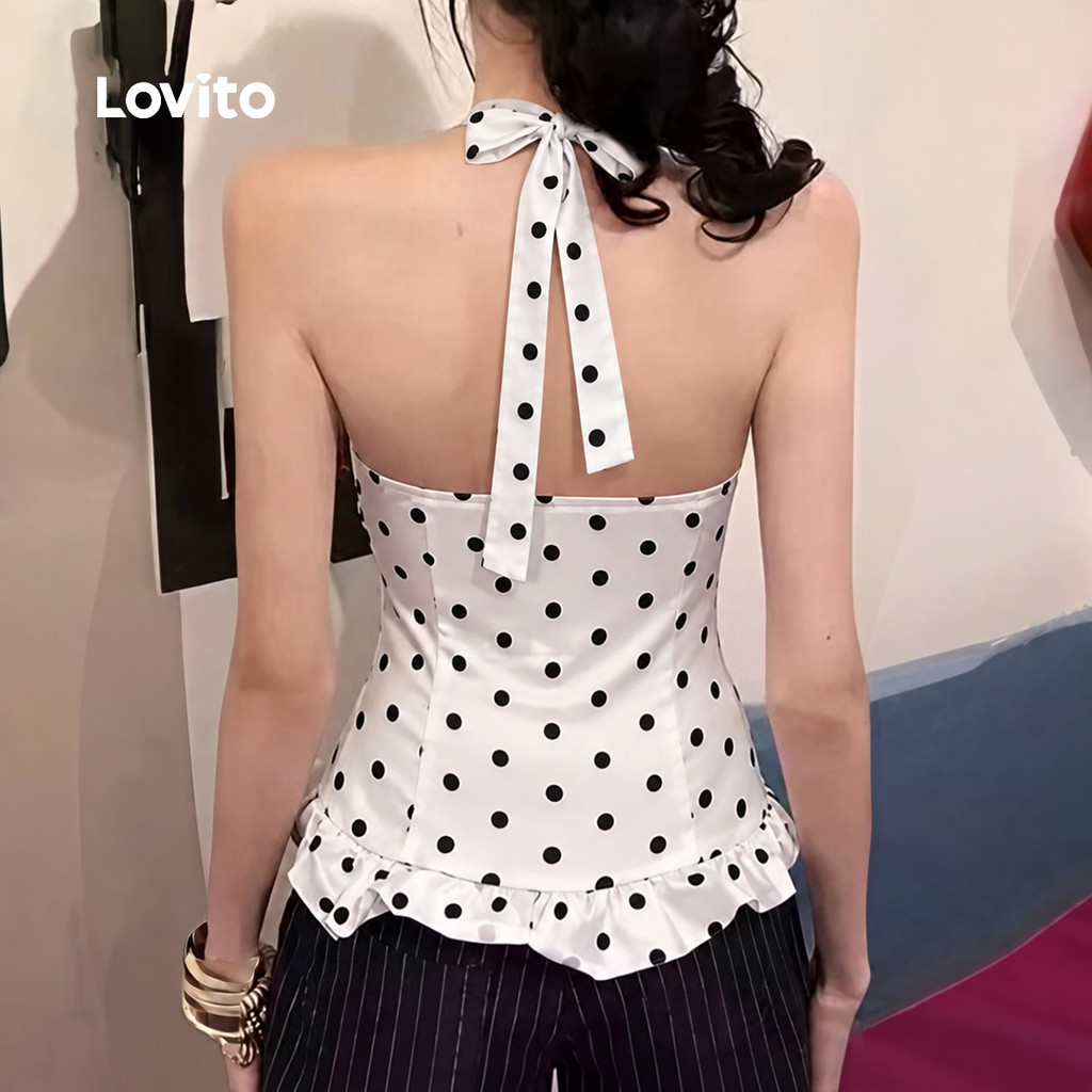 (New Arrival) Lovito Blusa Feminino Casual De Bolinhas Sem Mangas Com Decote Halter Babados E Amarração Nas Costas Para Fins De Semana E Férias TKK10BR401 · foto 2