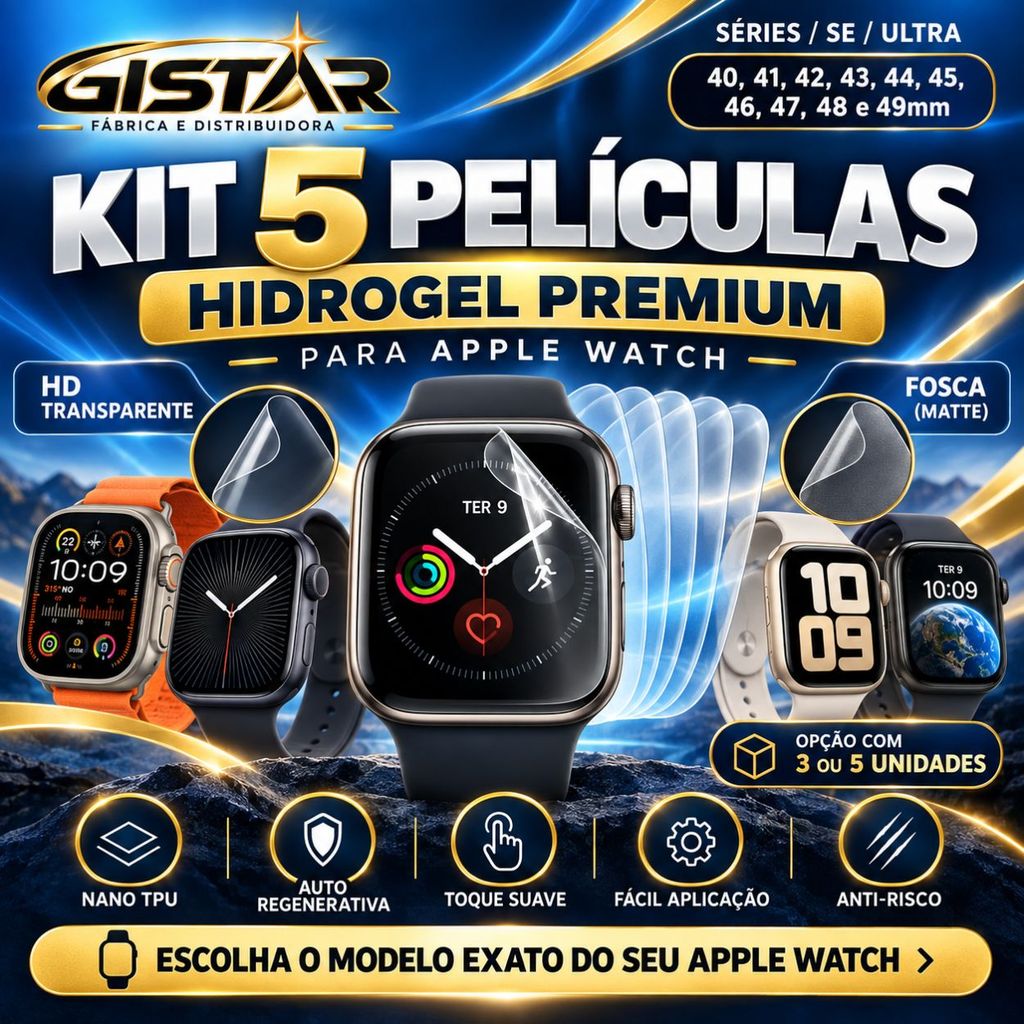 3 ou 5 Películas De Hidrogel HD ou Fosca para Todos Smartwatch Apple Watch Series Ultra 40,41,42,43,44,45,46,47,48,49mm