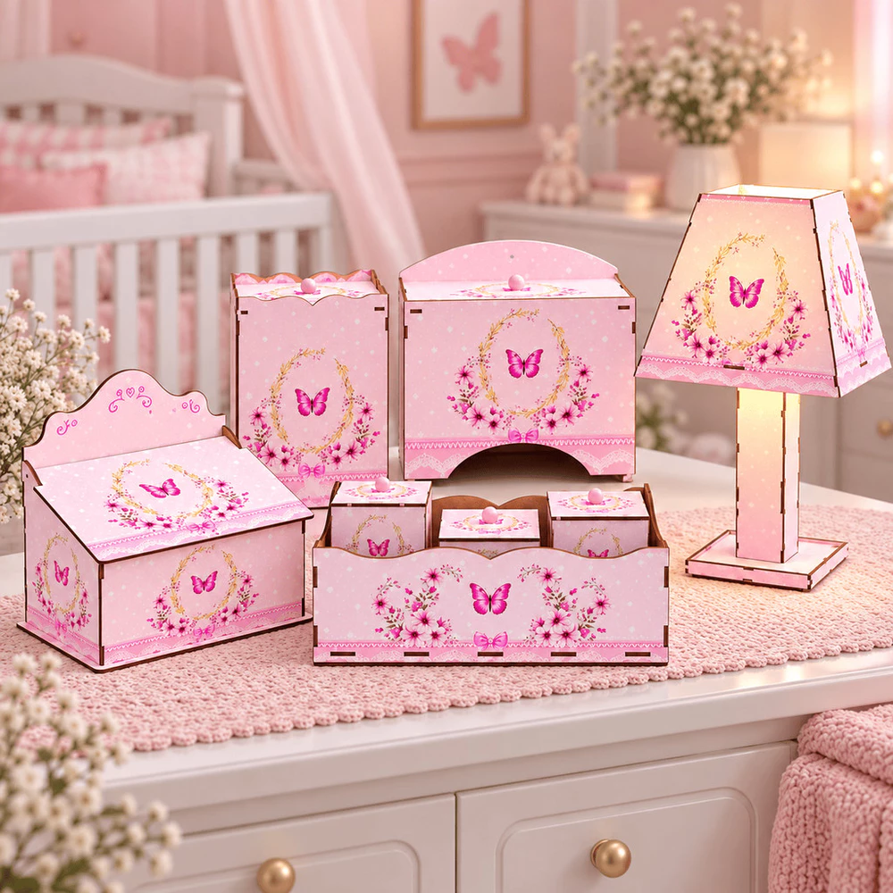 Kit Higiene Bebê 8 Peças MDF Borboleta Rosa Completo Com Abajur Quarto Menina