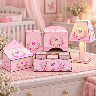 Kit Higiene Bebê 8 Peças MDF Borboleta Rosa Completo Com Abajur Quarto Menina