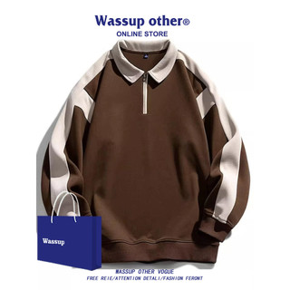 WASSUP OUTRO Estilo Americano Contraste Cor POLO Gola Zíper Moletom Masculino Primavera Outono Solto Casual Casal Base T