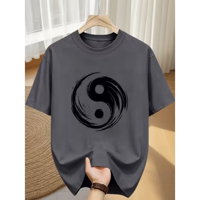 Camiseta Manga Curta Estampada Símbolo Yin Yang Confortável Linda Moderna Estilosa para Uso Casual Tendência no Verão