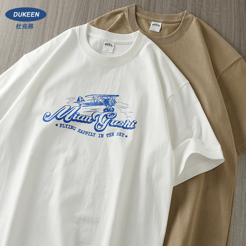 DUKEEN americano 320g pesado camiseta de manga curta masculina verão lutador impresso meia manga Retro puro algodão cami