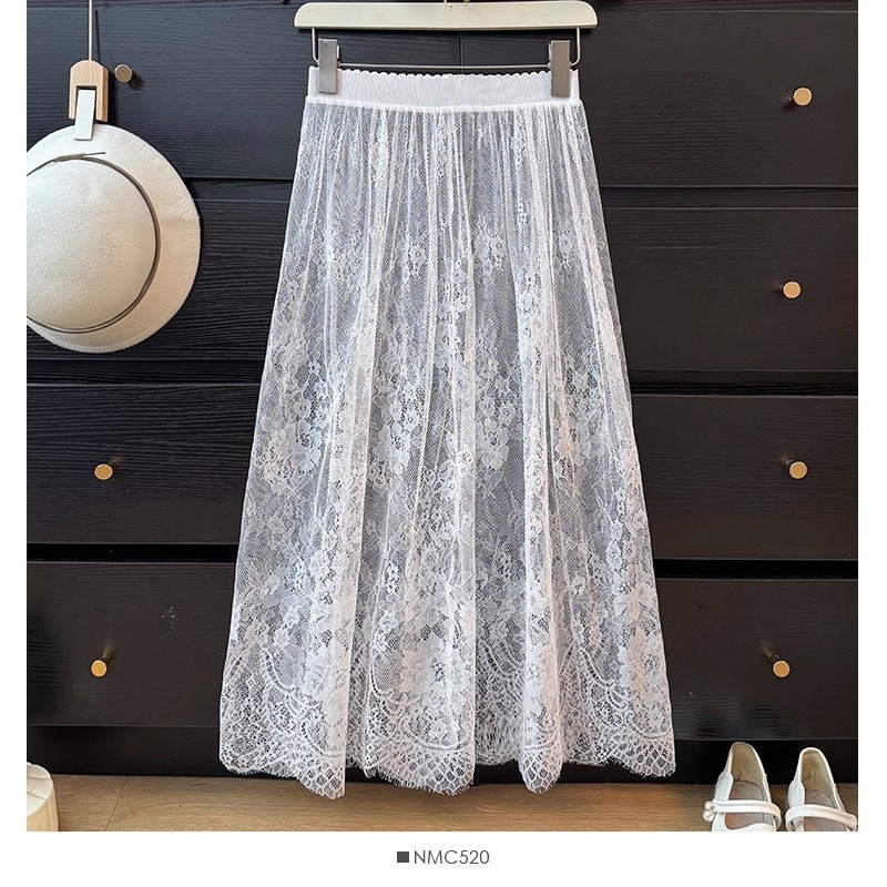 Saia midi de renda, saia transparente de tule, saia midi versátil, saia de base, saia de forro, branca.