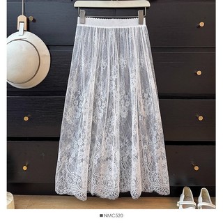 Saia midi de renda, saia transparente de tule, saia midi versátil, saia de base, saia de forro, branca.