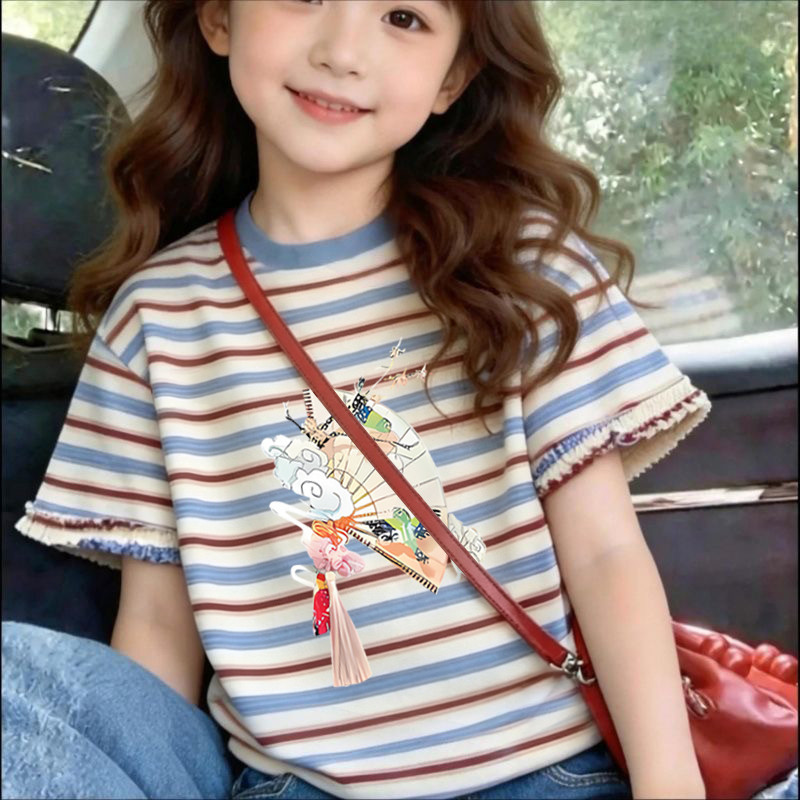Meninas roupas cor combinando listrado algodão manga curta camiseta 2026 verão novo estilo médio grande crianças bebê es