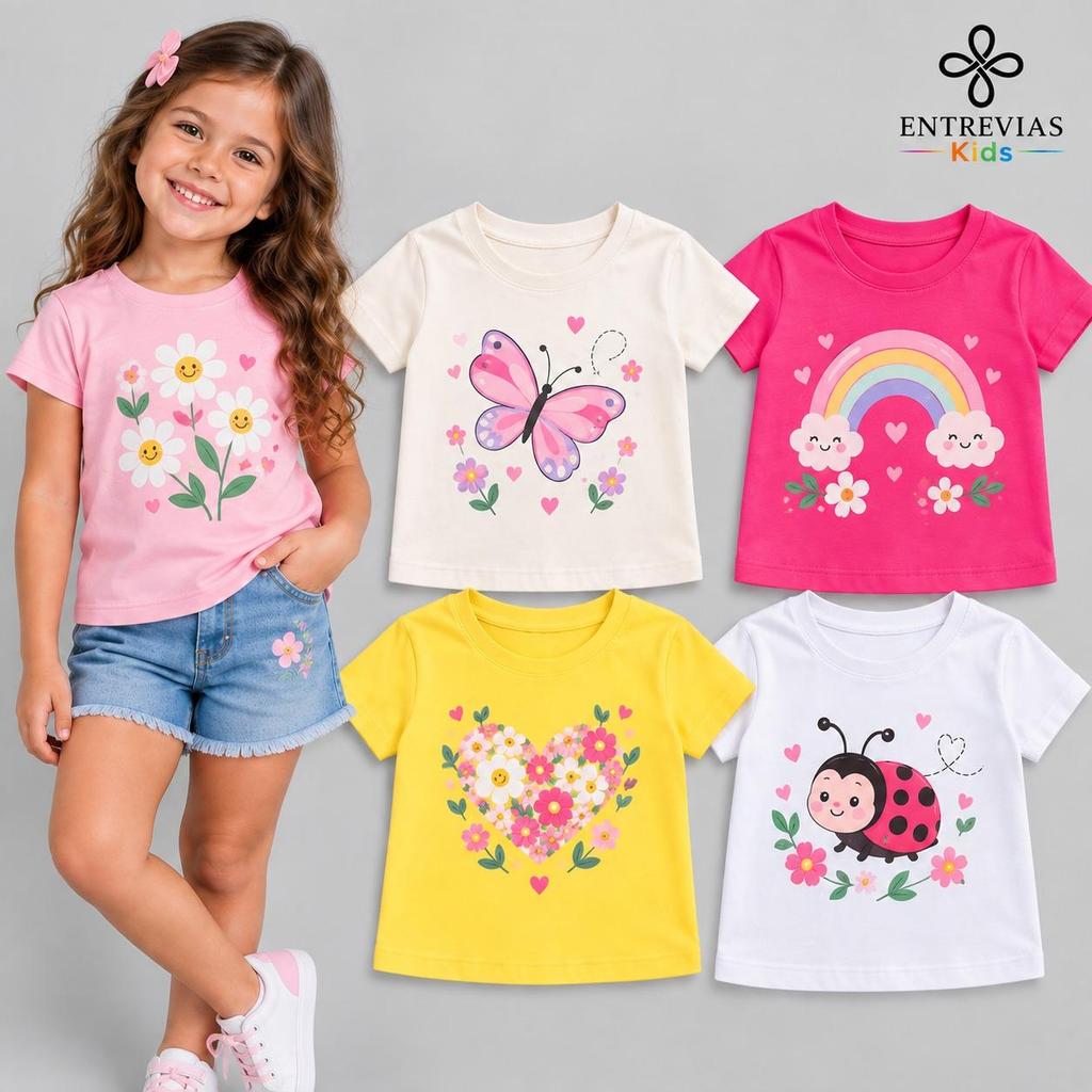 Kit Camisetas Infantil Menina 100% Algodão Estampadas Sortidas Delicadas Manga Curta
