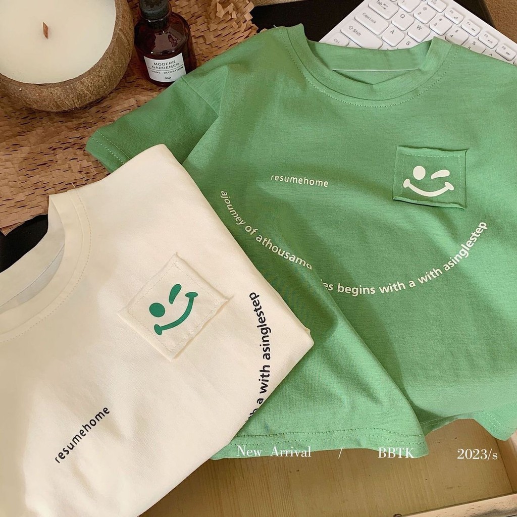Crianças puro algodão camiseta 2024 verão novo estilo meninos meninas estilo coreano fresco carta remendo Smiley solto m