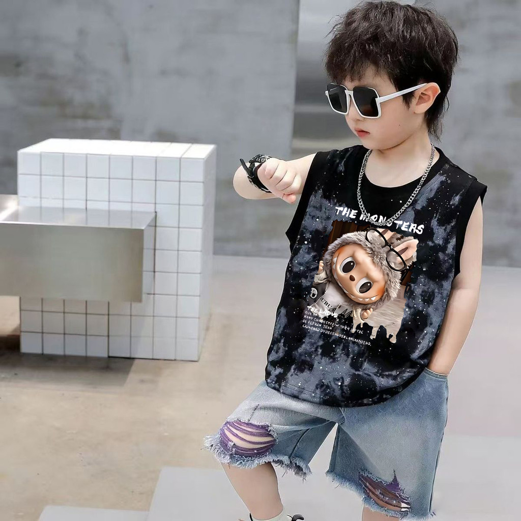 Verão novo estilo crianças estilo ocidental Tie-Dye puro algodão sem mangas colete camiseta meninos meninas em torno do 