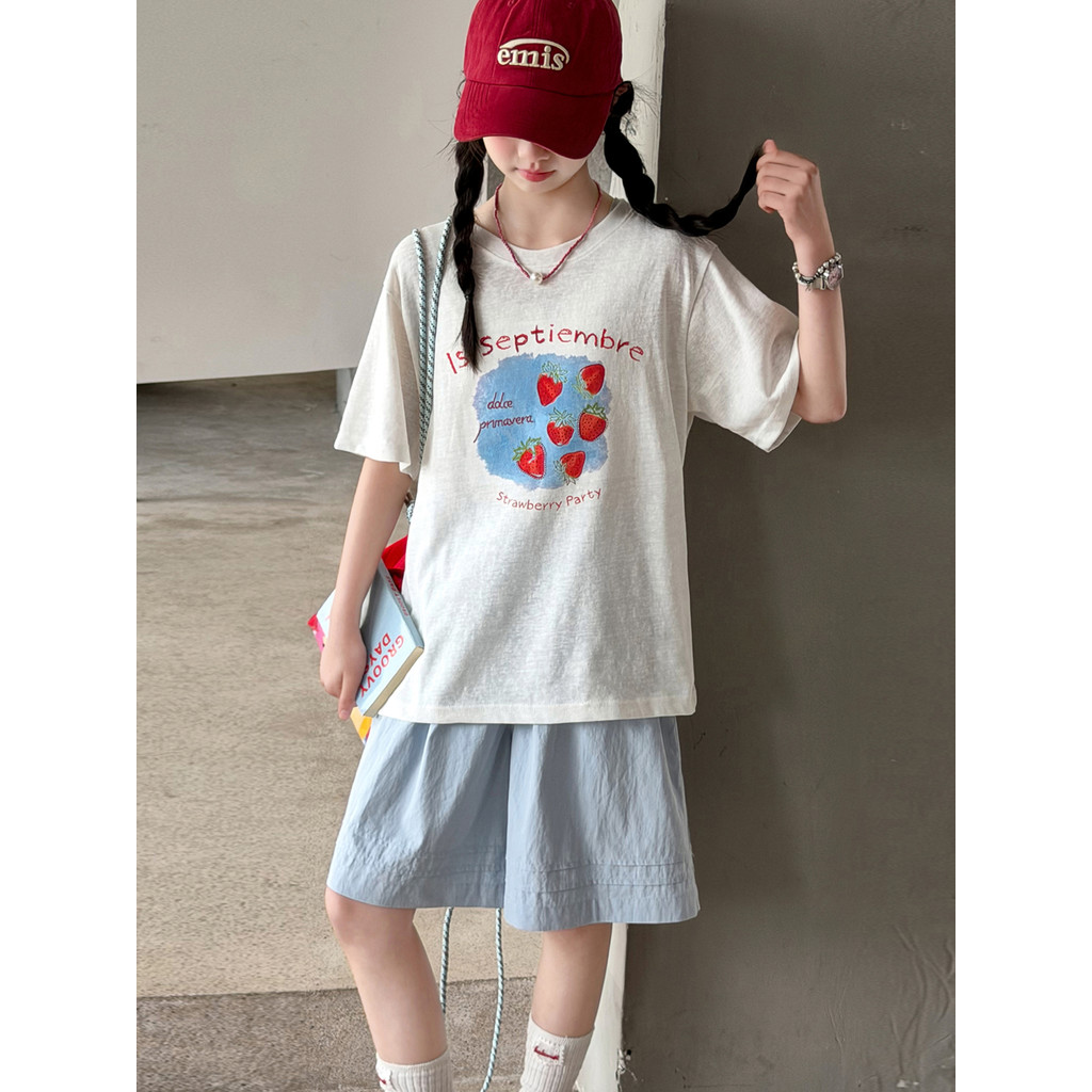 Meninas de manga curta camiseta verão moda grandes meninas versão coreana morango impressão meia manga crianças fino leg