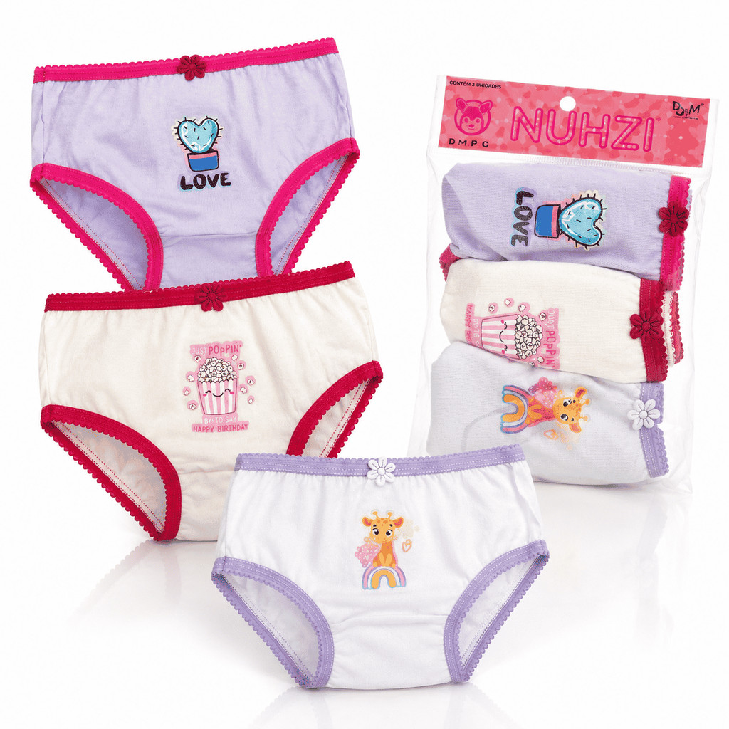 Kit 3 Calcinhas Infantil Menina Sortidas Super Confortáveis