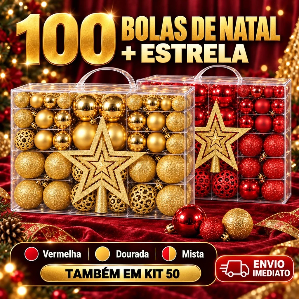 Kit 100 Bolas de Natal E Estrela Ponteira Decoração Enfeite Árvore Fosca Glitter Vermelha Dourada — imagem 1