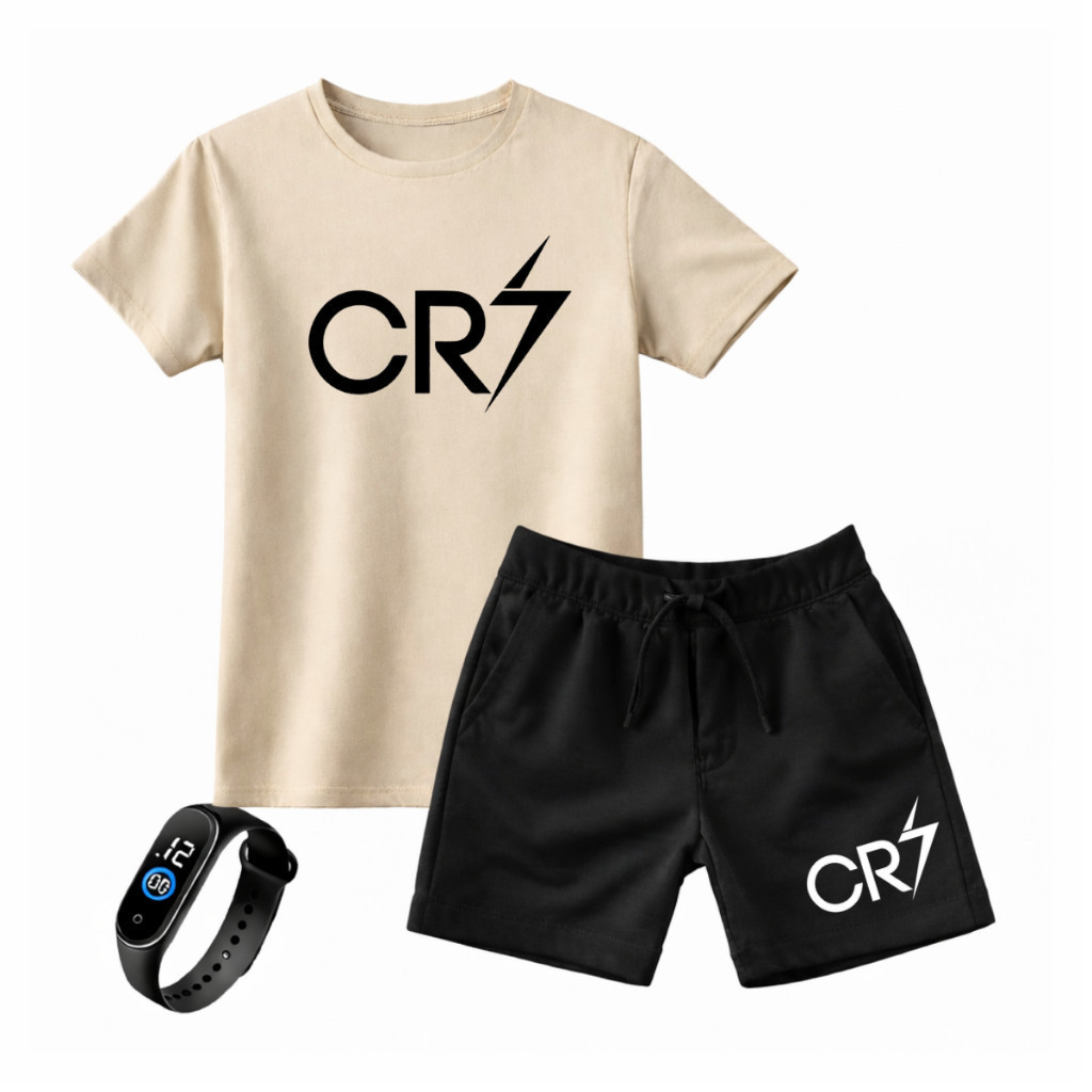 Kit Infantil Camiseta Premium e Bermuda Moletinho CR7 + Relógio de Led