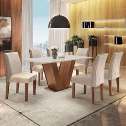 Conjunto Mesa de Jantar Tampo MDF 6 Cadeiras Espanha Yescasa Chocolate/Off White/Suede Bege