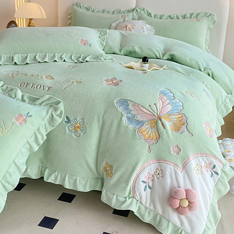Estilo princesa leite veludo conjunto de quatro peças inverno dupla face engrossado velo Coral flanela renda colcha bord