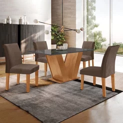 Conjunto Sala de Jantar Mesa 120x80cm Tampo MDF/Vidro com 4 Cadeiras Espanha Yescasa Cinamomo/Grafite/Marrom