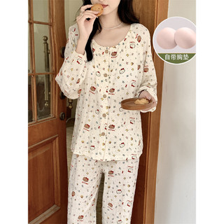 Com almofada no peito Anti-Bump pijamas feminino dez mil anos grade dos desenhos animados bonito Floral menina primavera