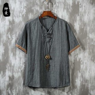 Verão estilo chinês masculino de manga curta imitação de linho camiseta solta Ultra-fina Retro étnica fivela algodão lin