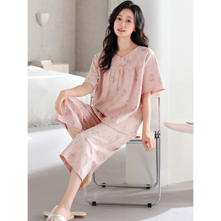 Fenteng Ke'an Mãe Pijama Feminino Verão Estilo Fino Puro Algodão Manga Curta Calças Cortadas Plus Size Loungewear Terno 