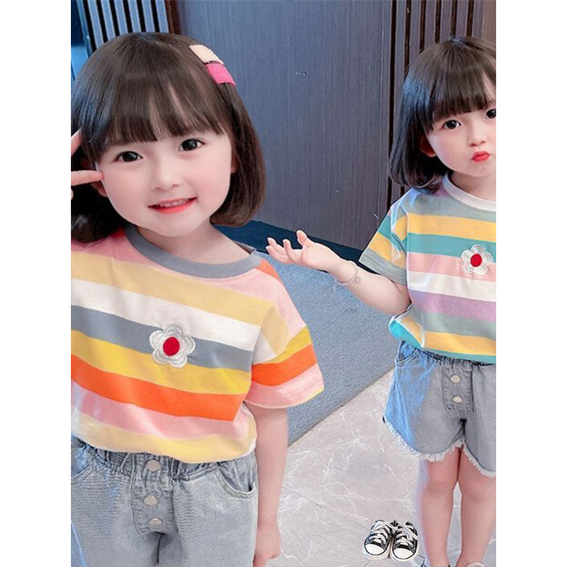 Meninas de manga curta camiseta roupas de verão 2025 novo estilo bebê menina listrado topo crianças meia manga verão rou