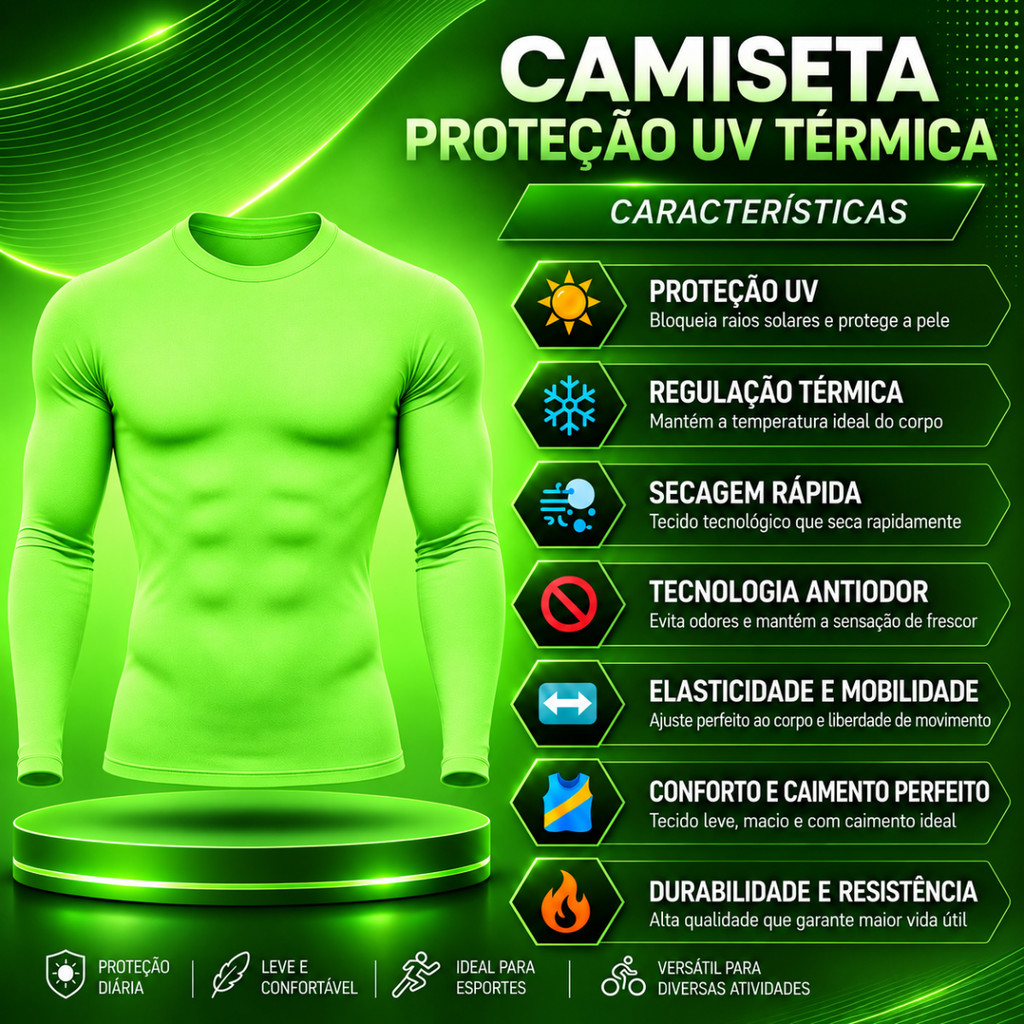 Camiseta Proteção Solar Uv 50+ Verde Neon Segunda Pele Masculina Térmica Frio e Calor Treino