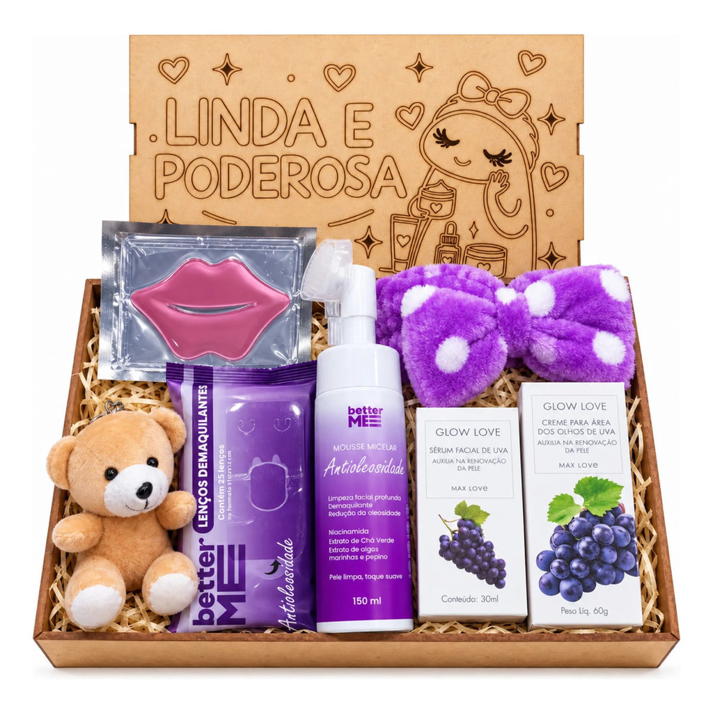 Kit Skincare Pele Oleosa Limpeza Facial Presente Feminino Aniversário Caixa MDF Completo