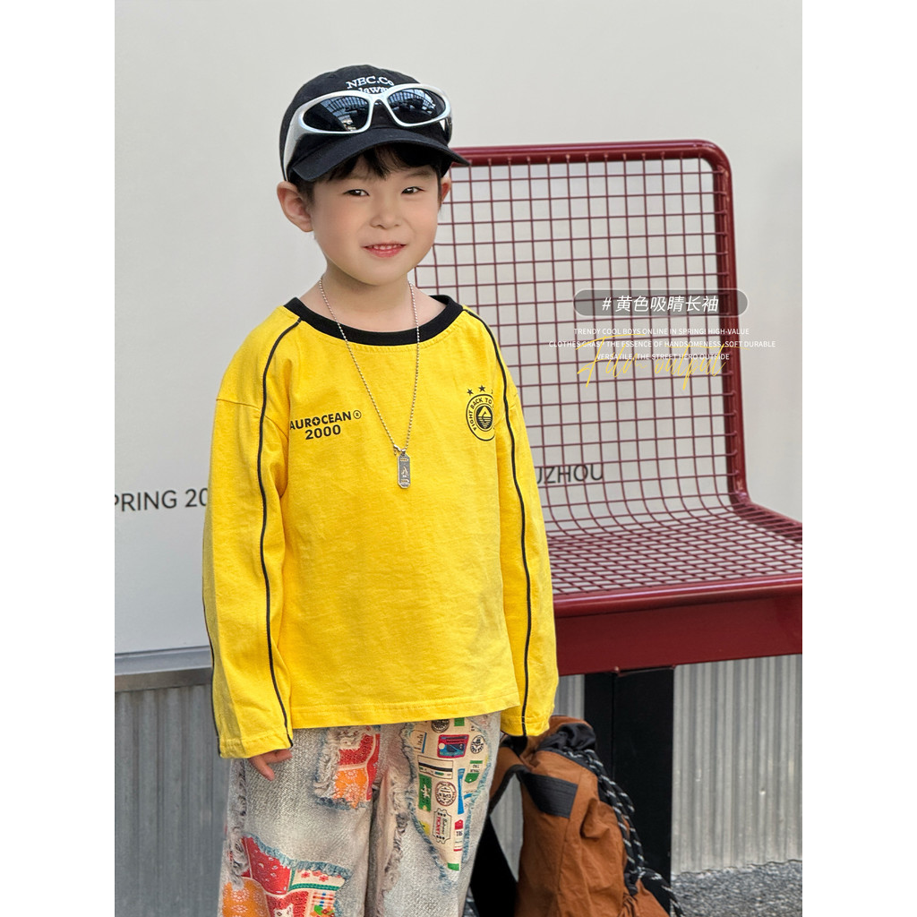 Meninos outono manga comprida camiseta 2026 novo estilo versão coreana crianças moda em torno do pescoço topo menino pri