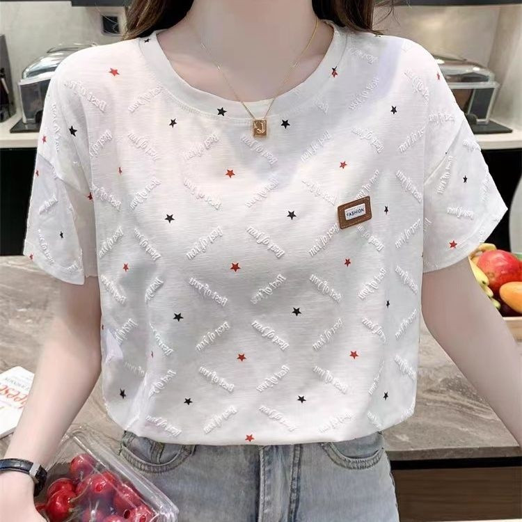 Nova camiseta branca de manga curta, com corte solto e comprimento até os ombros, para mulher, modelo UHJY.