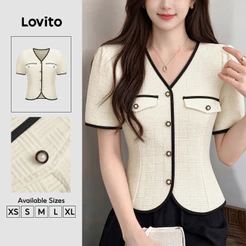 Lovito Camiseta Feminina Elegante Em Jacquard Contraste Em Tecido E Botões Primavera/verão Damasco TSK9P2D523