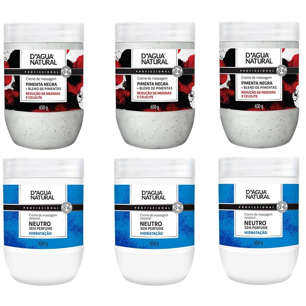 Kit Dagua Natural 3 Potes Creme Massagem Neutro 650g + 3 Potes Creme Redutor Pimenta Negra 650g