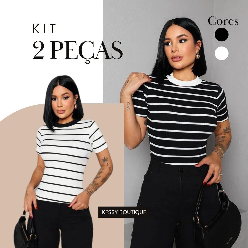 Kit 2 Camisa Listrada Blusa Tecido Canelado Gola Redonda Manga Curta Básica Confortável Dia a Dia Baby Look  Casual