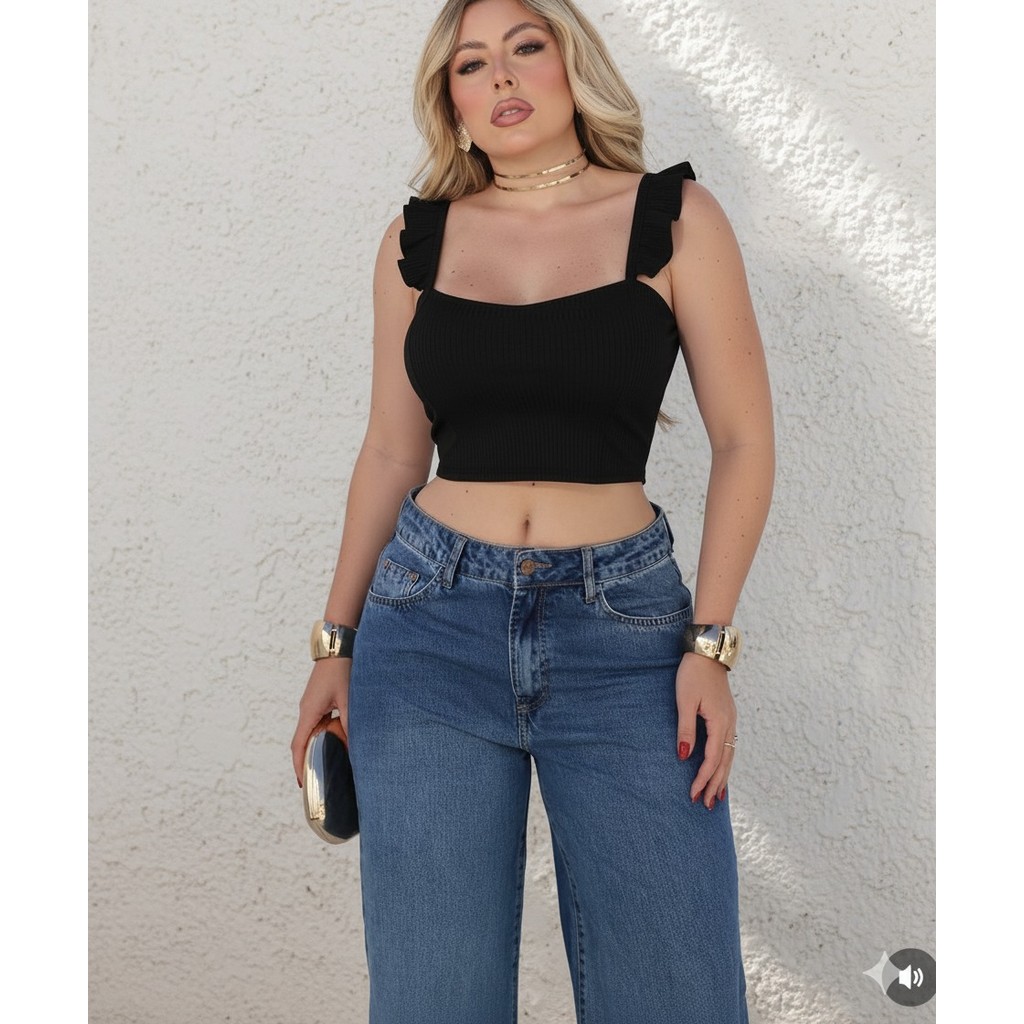 Blusa cropped moda feminino canelado estica alça regata babado blog elegante