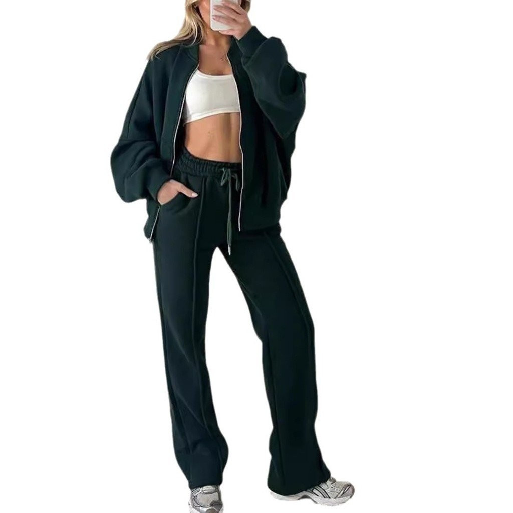 Novo Conjunto Casual Feminino de Moda, Conjunto de Duas Peças com Moletom de Manga Longa de Cor Sólida e Calças com Zípe