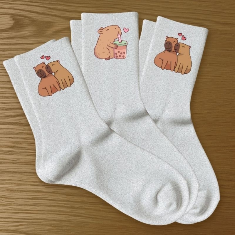 Kit 3 Meias Femininas Estampadas Capivara Academia Caminhada Confortáveis