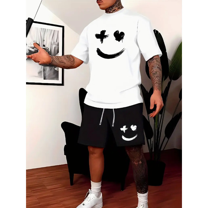 Conjunto Camiseta Smile Oversized Branco + Bermuda Tactel Sorriso Preto