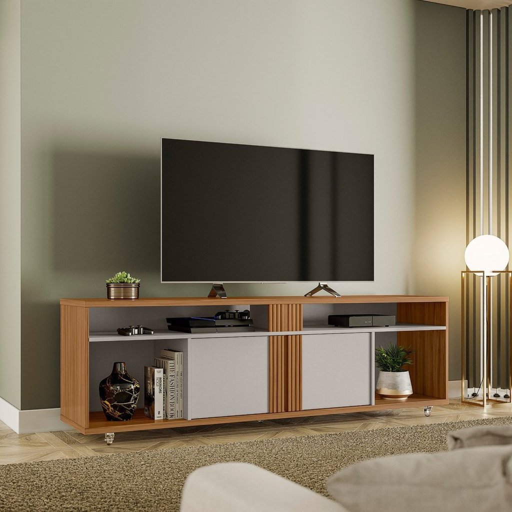 Rack Ripado para TV até 70 Polegadas com Rodízios NT 1290 Freijó Trend/Off White Tx em Oferta na Shopee