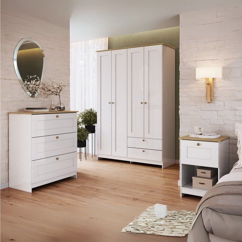 Quarto Americano Solteiro 3 Peças Guarda-Roupa, Cômoda e Mesa de Cabeceira Branco/Gelo