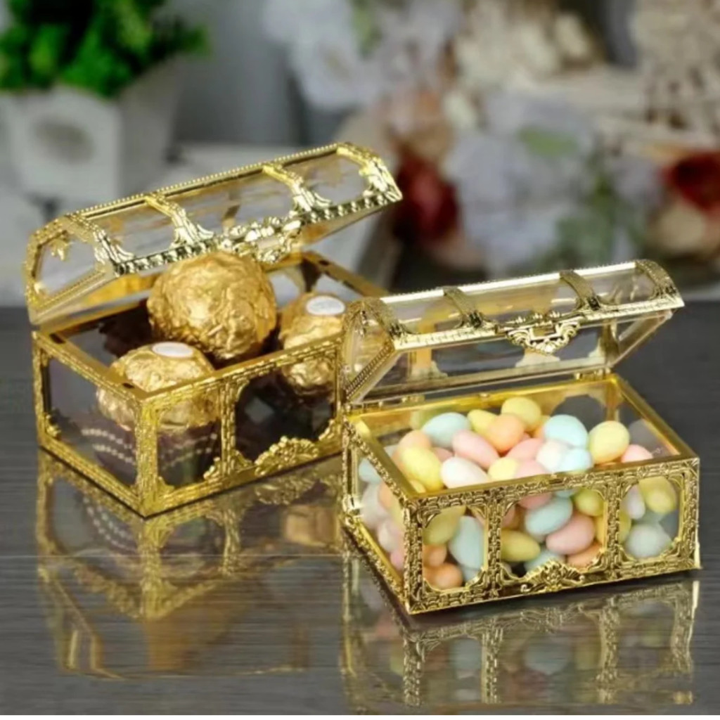 Kit 12  Lembrancinhas Mini Baú Dourado Enfeite Para Festa Acrílico em Oferta na Shopee