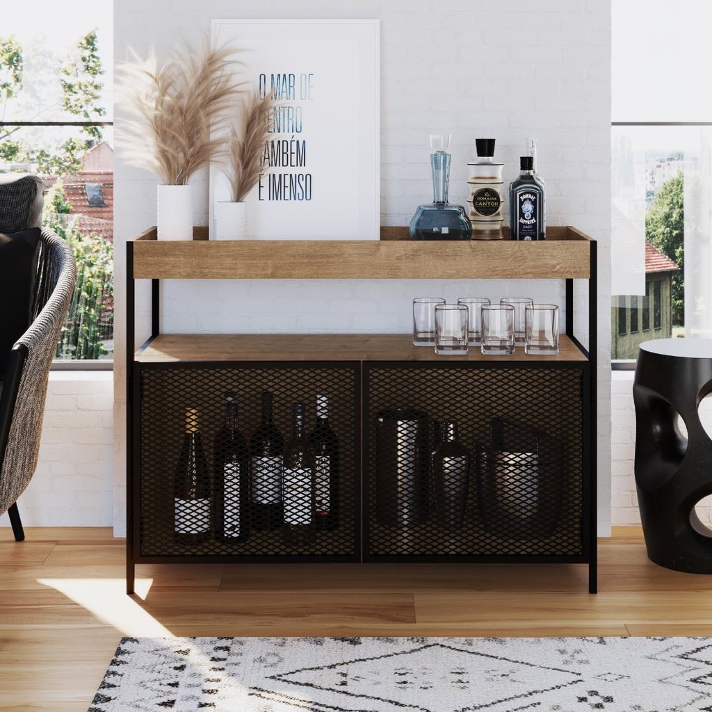 Buffet Aparador Bar Industrial Retrô 2 Portas e Nicho Madeira/Aço 100cm York Vermont/Preto em Oferta na Shopee