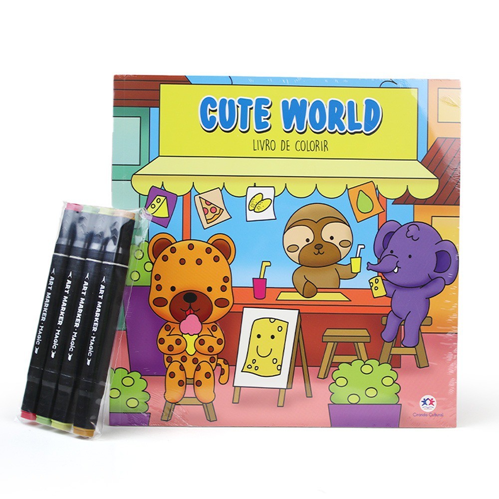 Livro Cute World - Livro de Colorir com 4 Canetinhas