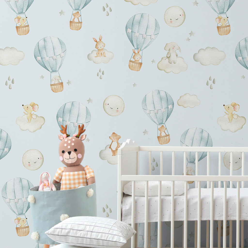 Papel de Parede Infantil Aquarela Azul Balão e Animais | Quarto de Bebê Menino Auto Adesivo Decorativo Suave e Delicado