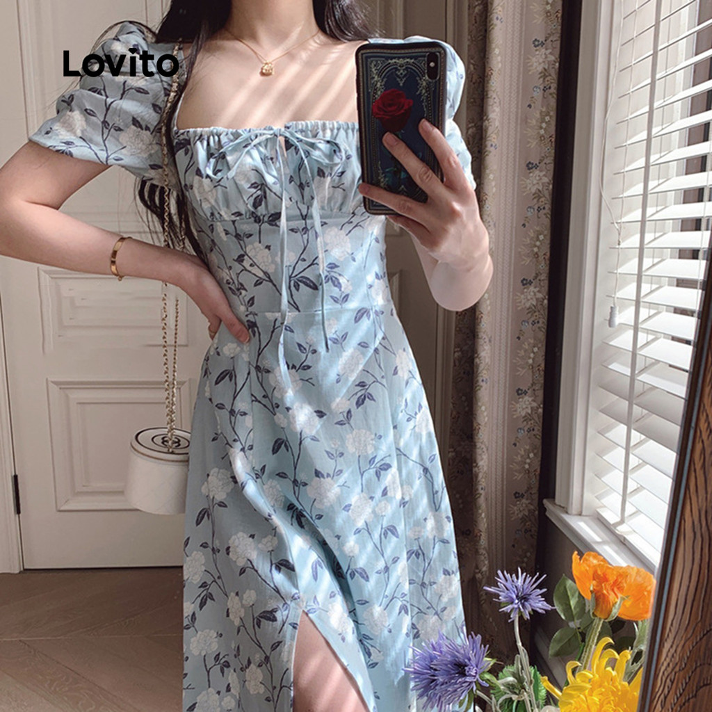 Detalhes do Lovito Vestido Elegante com Recorte Na Frente Amarração Cores Azul para primavera/verão LNE117X043