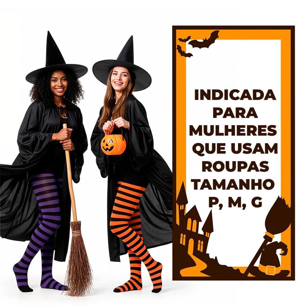 Meia Halloween Feminina Adulta Listrada Laranja ou Roxa com Preto Fantasia Bruxa Feiticeira Gotica · foto 2